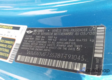 2008 Mini Cooper S z USA, uszkodzony, nr VIN WMWMF73528TT91045